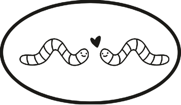Two worms with a heart between them